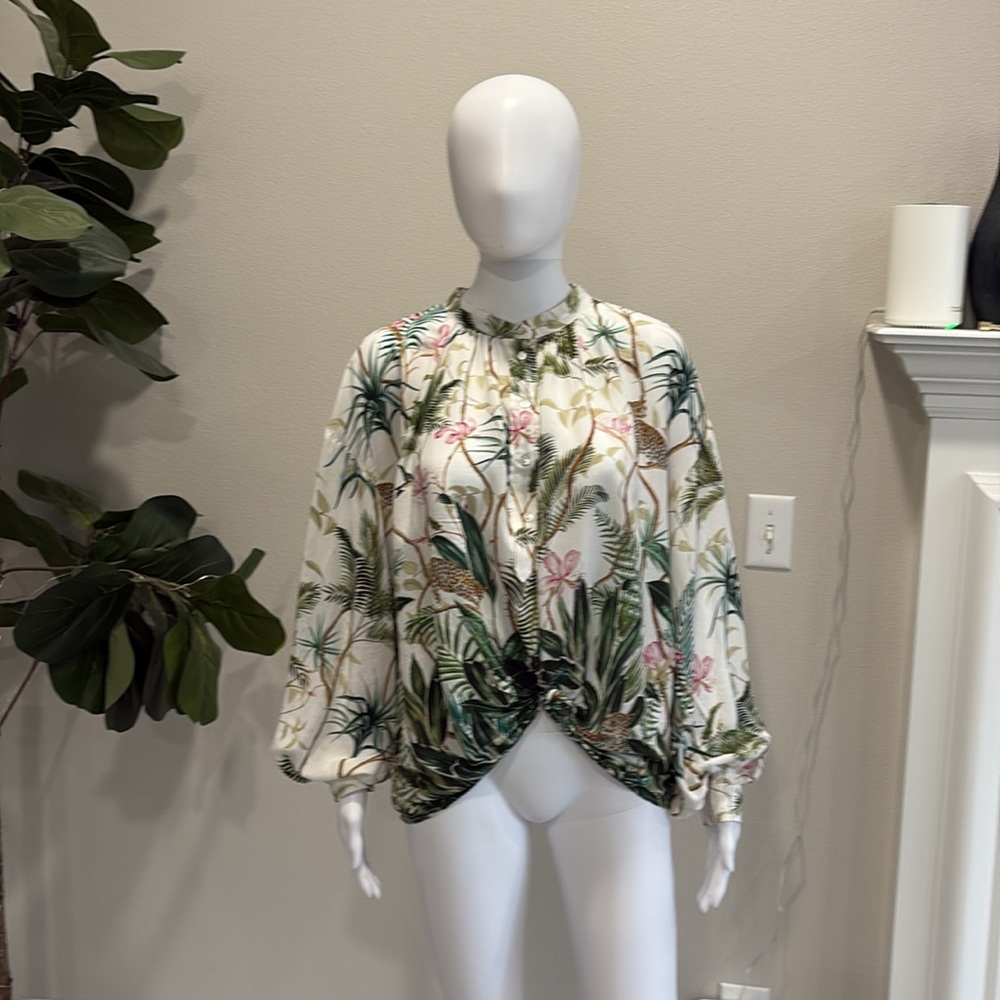H&M Jungle Floral Print Blouse Womens Size 14 Balloon Sleeve 1/2 Placket Popover - Picture 8 of 16